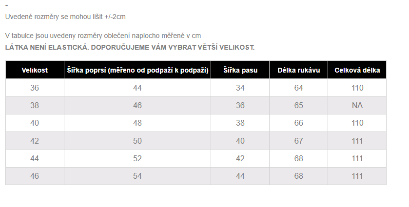 Stela - velikostní tabulka